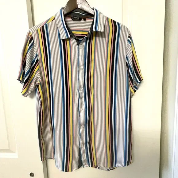 Nova Men's Short Sleeve Button Down Shirt Vertical Striped Multi-Color Slim M - Picture 2 of 8